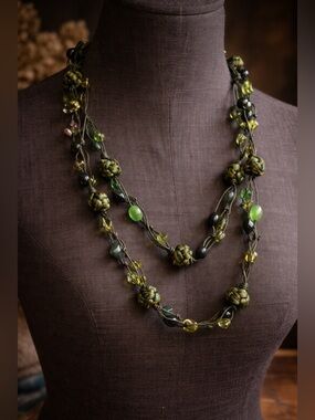Artisan Woodland Bohemian Layered Statement Necklace • Hand-Knotted Green Beads